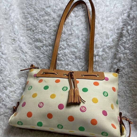 Dooney &Bourke Beige canvas multi color polka dots tan leather trim shoulder bag - Picture 1 of 16